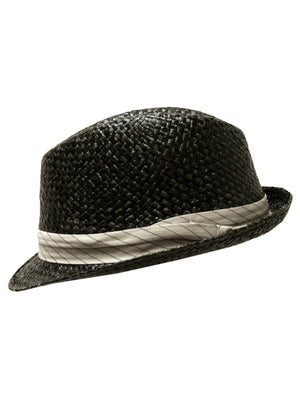 Black Woven Fedora Hat With Pinstriped Hat Band