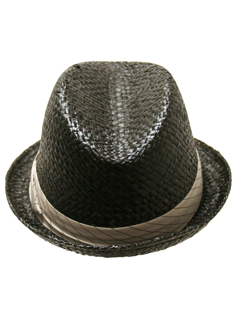 Black Woven Fedora Hat With Pinstriped Hat Band