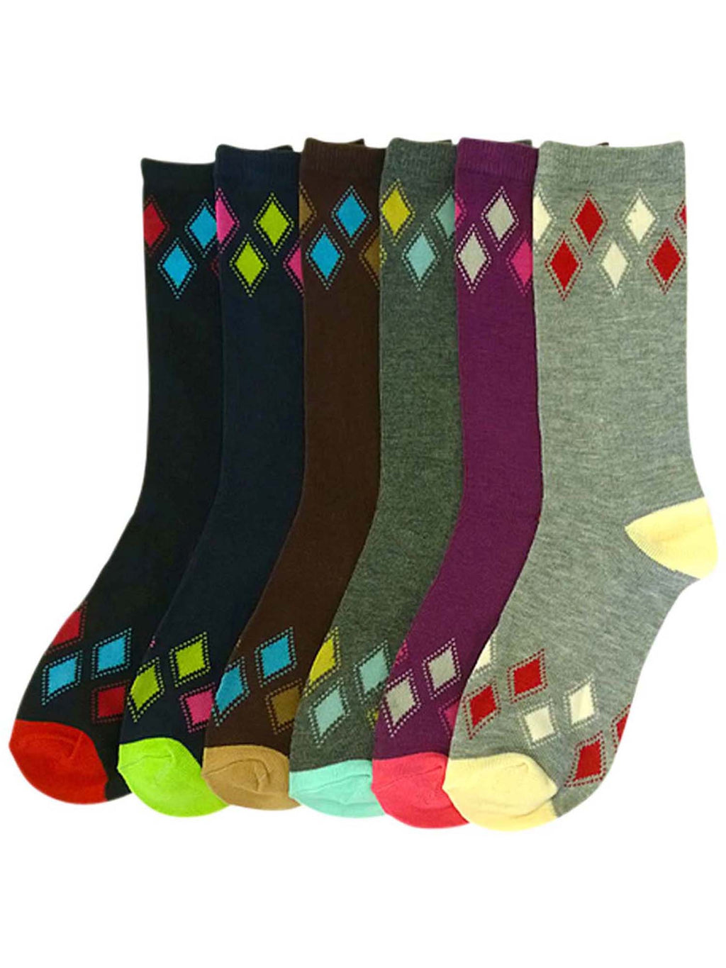 Diamond Pattern Womens Multicolor 6 Pack Crew Socks