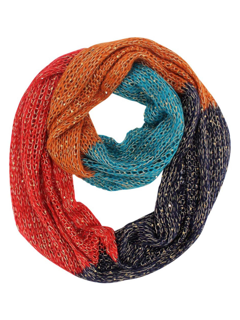 Color Block Winter Knit Infinity Scarf With Sequins