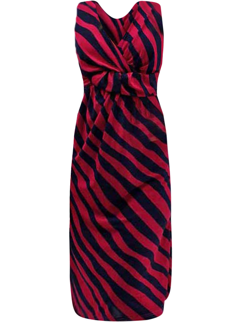 V-Neck Knotted Striped Sleeveless Midi Dress