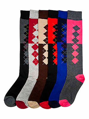 Micro Argyle Print Assorted Multicolor 6-Pack Knee High Socks