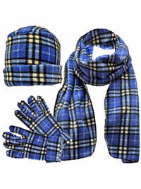 Blue & White Plaid Fleece 3 Piece Hat Scarf & Glove Set