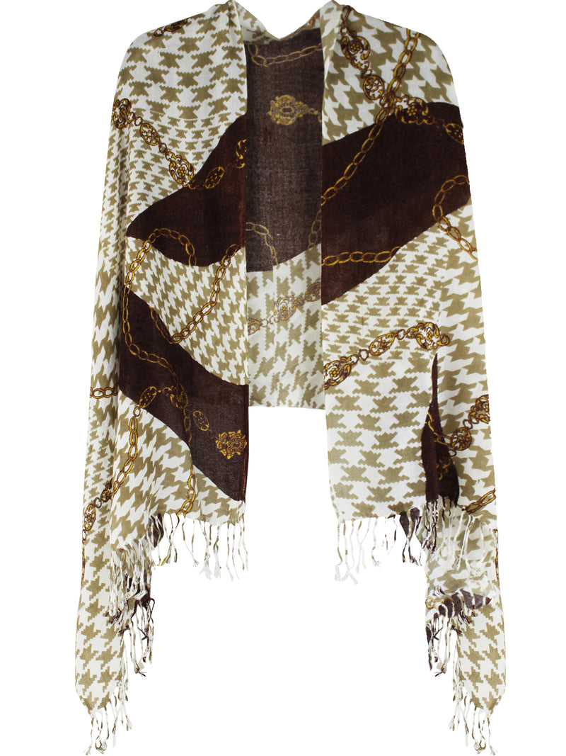 Brown Houndstooth Shawl Wrap With Chain Print