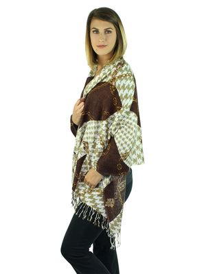 Brown Houndstooth Shawl Wrap With Chain Print