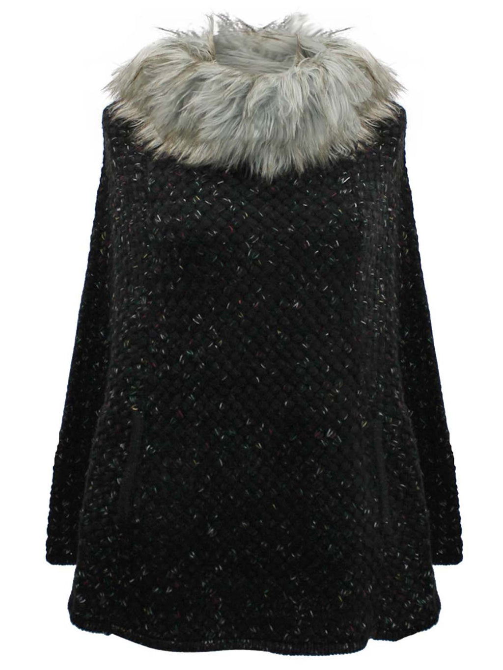 Knit Poncho With Faux Fur Neckline