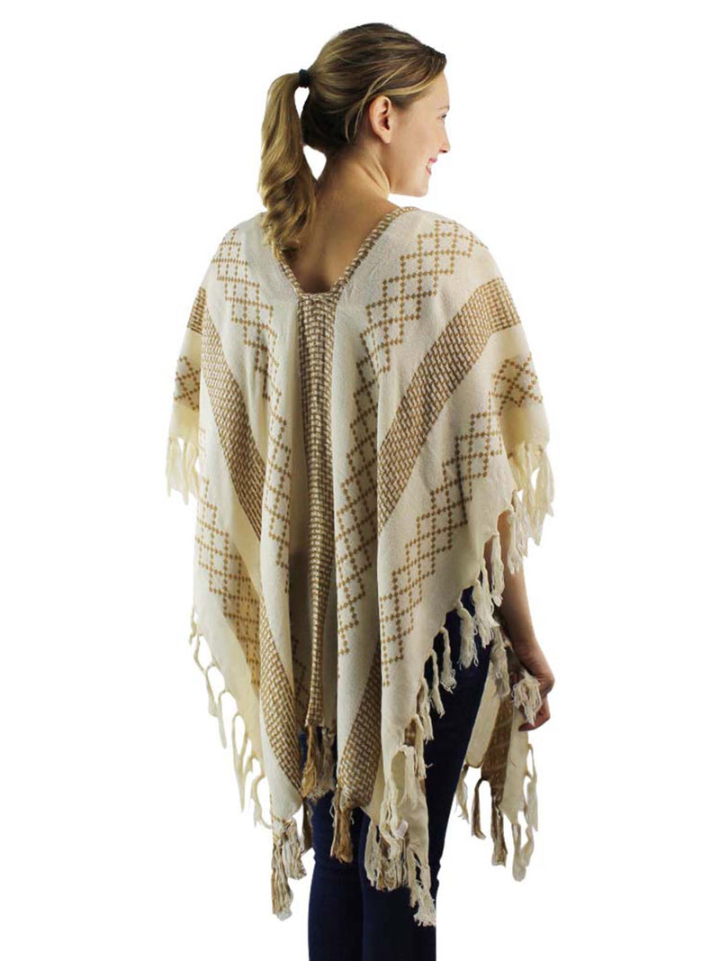Mixed Pattern Knit Poncho With Tassel Fringe