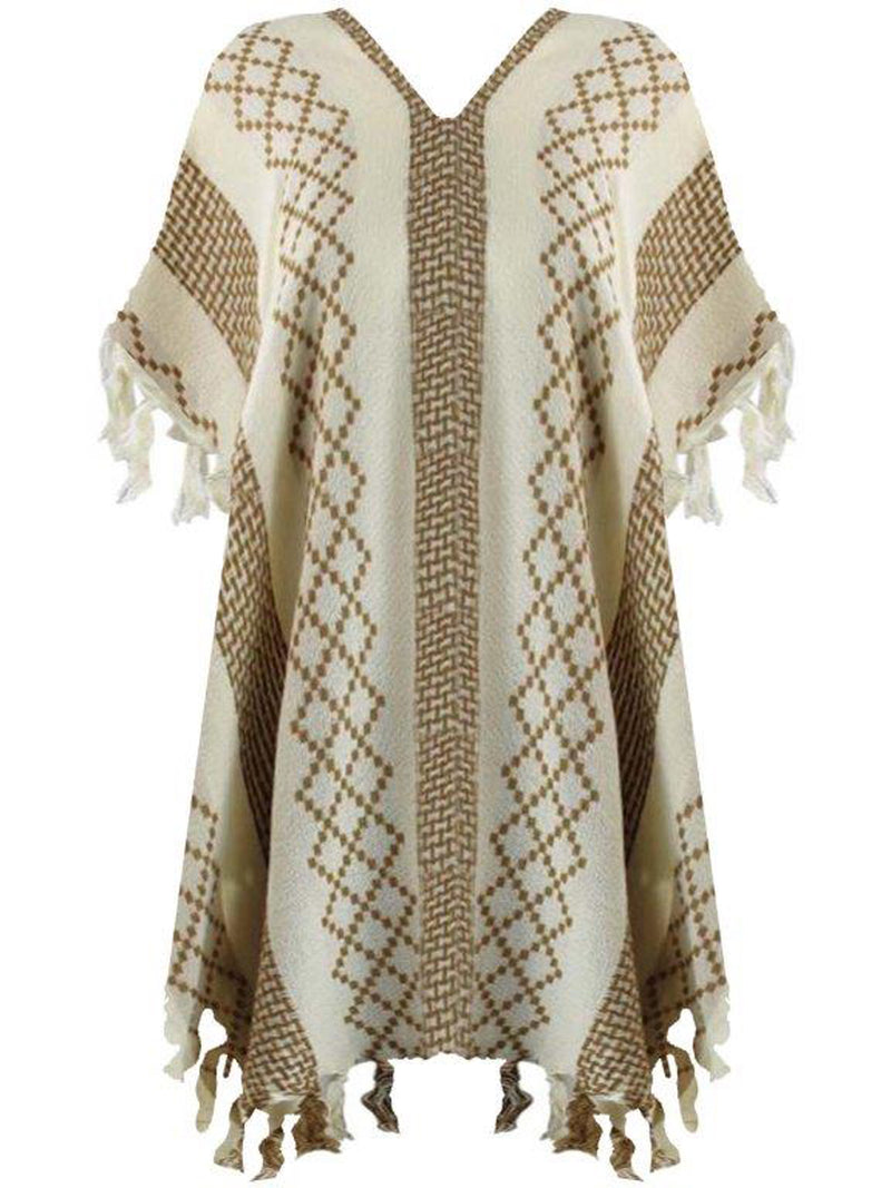 Mixed Pattern Knit Poncho With Tassel Fringe