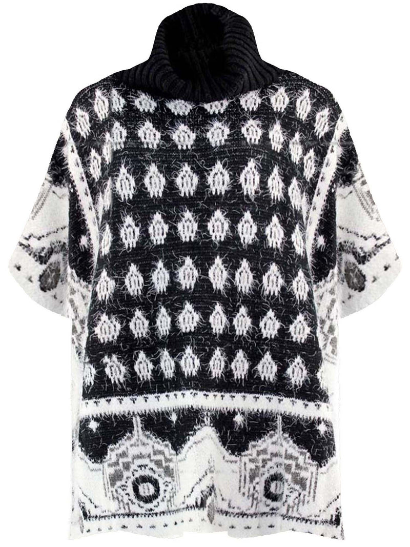 Mixed Pattern Fuzzy Knit Turtleneck Poncho – Luxury Divas