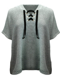 Gray Knit Poncho Style Lace-Up Sweater With Hood
