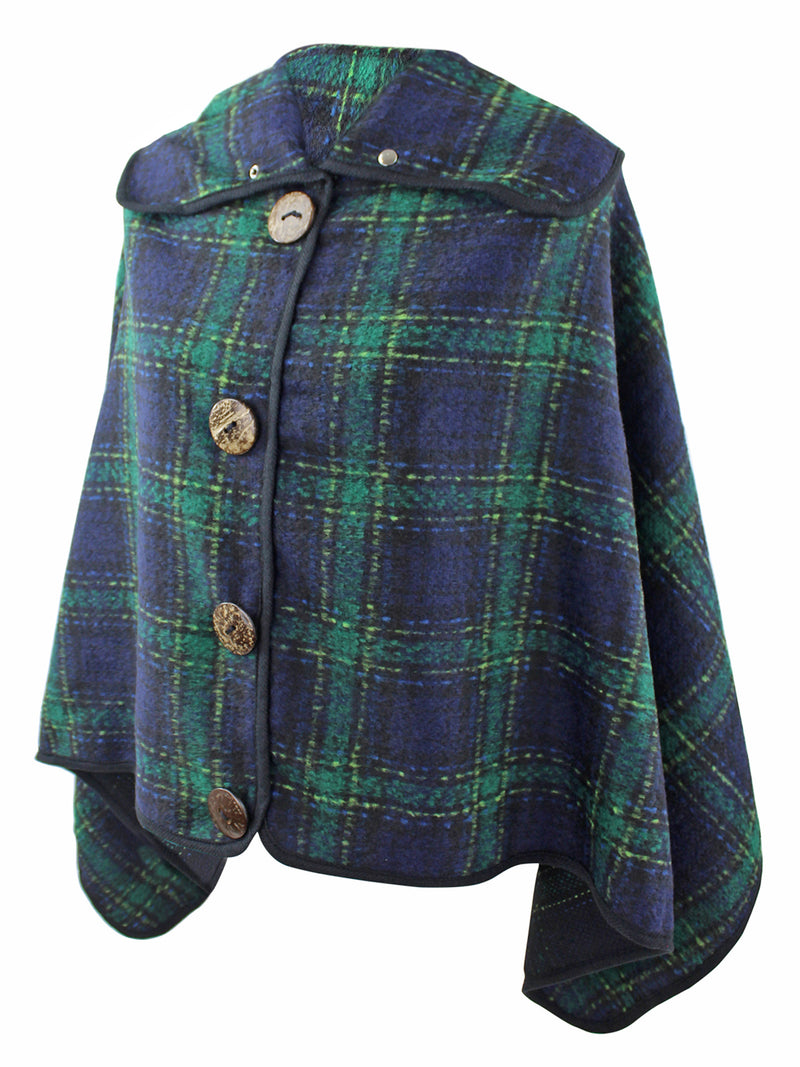 Green & Navy Blue Plaid Poncho With Button Trim