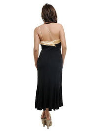 Tea Length Black Cocktail Dress With Champagne Trim & Bow