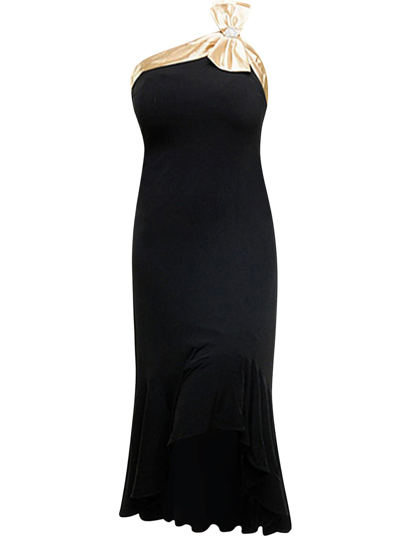 Tea Length Black Cocktail Dress With Champagne Trim & Bow