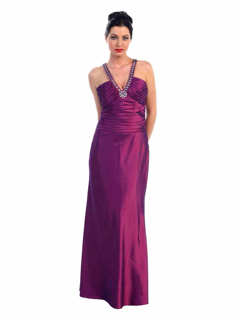 Purple Satin Evening Gown With Rhinestone Top Design