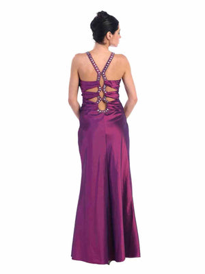 Purple Satin Evening Gown With Rhinestone Top Design