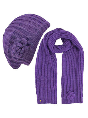 Feminine Rosette Knit Beret Hat & Scarf Set