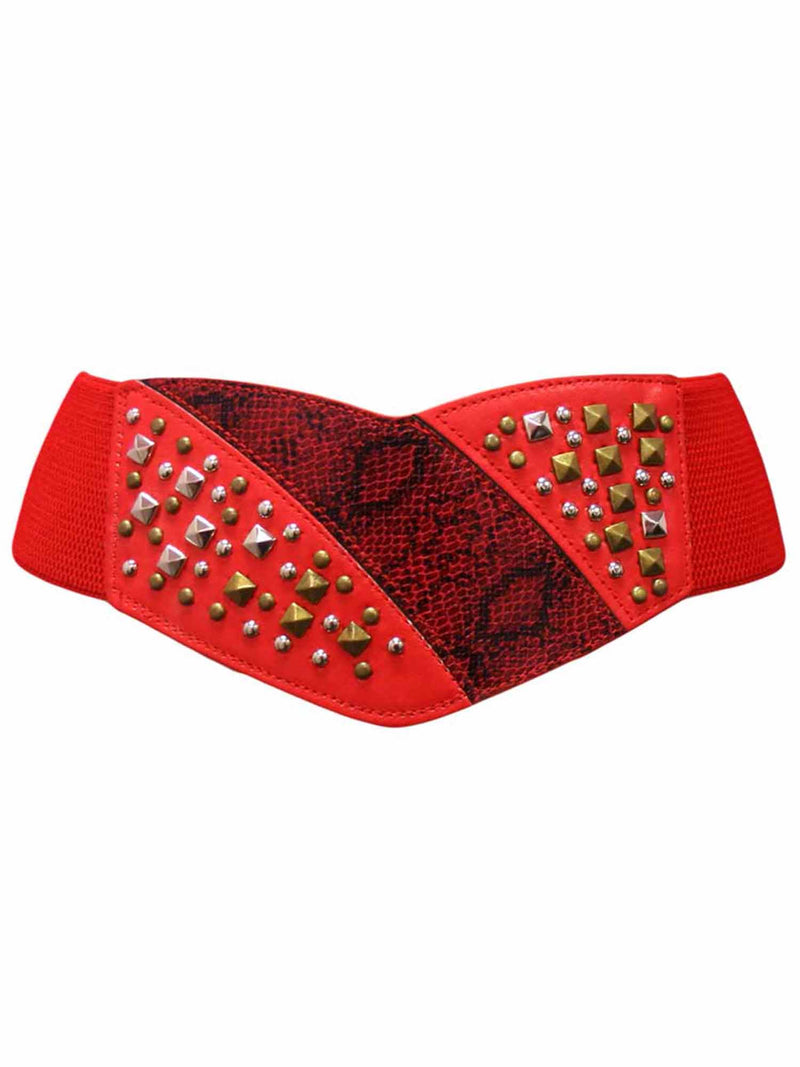 Red Wide Cinch Waist Belt With Snake Trim