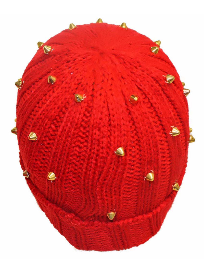 Red Knit Beanie Cap Hat With Gold Spikes