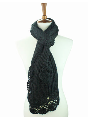 Warm Crochet Knit Winter Scarf With Rosette Trim