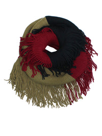 Tricolor Block Winter Knit Infinity Scarf With Fringe