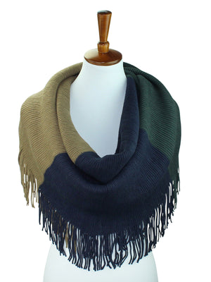 Tricolor Block Winter Knit Infinity Scarf With Fringe