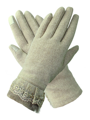 Womens Wool Texting Gloves With Lace Trim