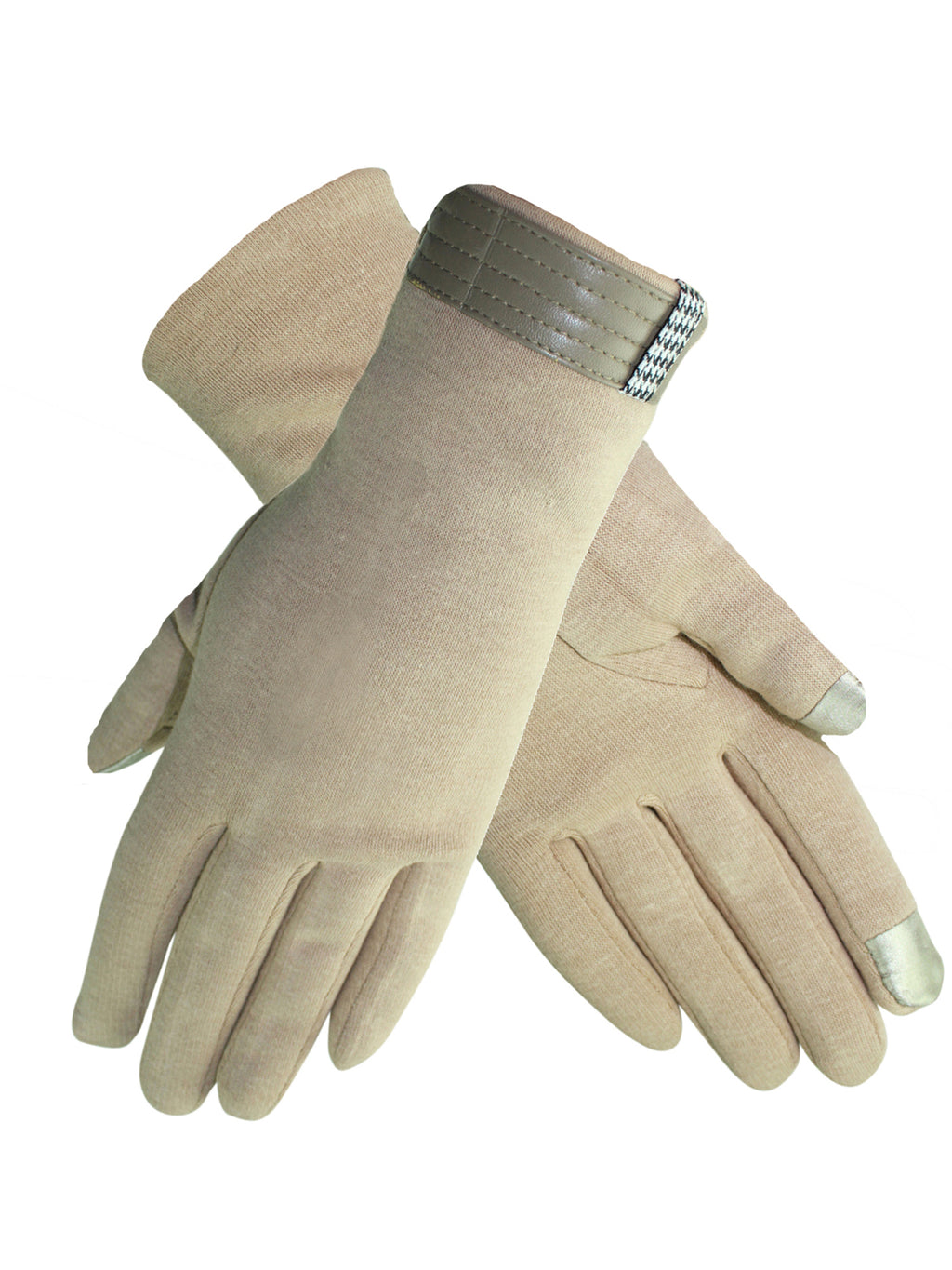 Womens Cotton Texting Gloves With Houndstooth Trim