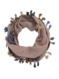 Jersey Knit Circle Scarf With Multicolor Tassels