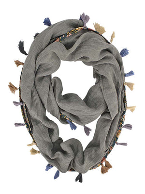 GREY JERSEY KNIT CIRCLE SCARF WITH TASSELS