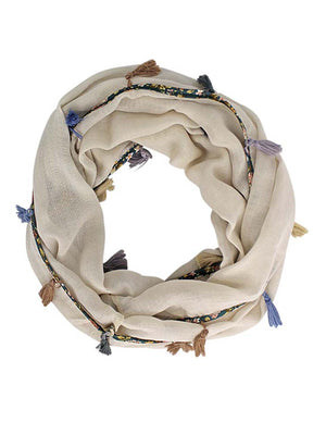 Grey Jersey Knit Circle Scarf With Multicolor Tassels