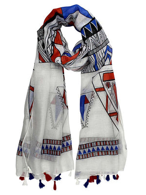 White Colorful Tribal Print Lightweight Scarf With Tassel Fringe