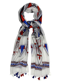 White Colorful Tribal Print Lightweight Scarf With Tassel Fringe