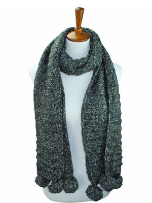 Thick Wide Ribbed Knit Scarf With Pom Poms