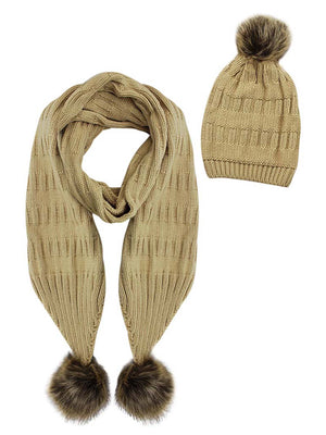 2-Piece Knit Slouchy Beanie Hat & Scarf Set With Fur Pom Poms