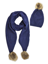 2-Piece Knit Slouchy Beanie Hat & Scarf Set With Fur Pom Poms