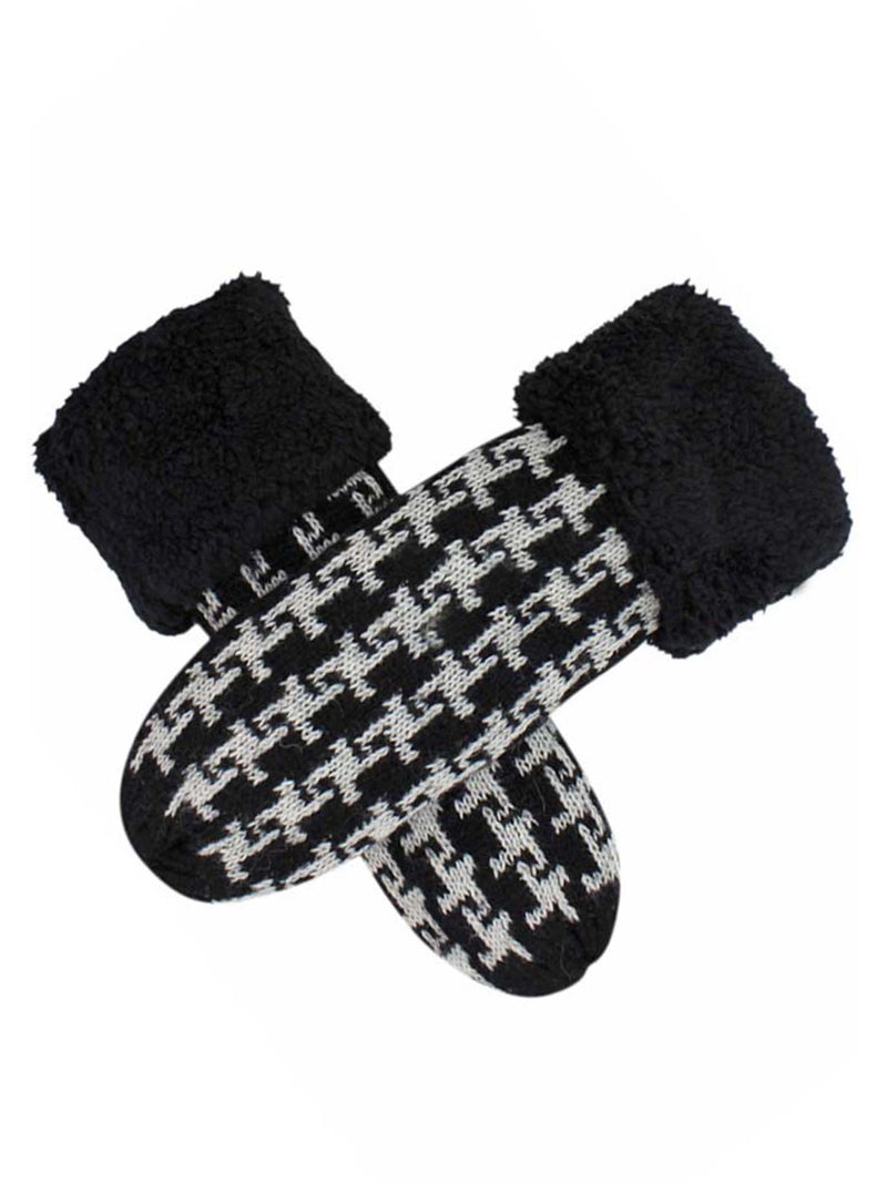 Womens Houndstooth Mittens With Fuzzy Cuff