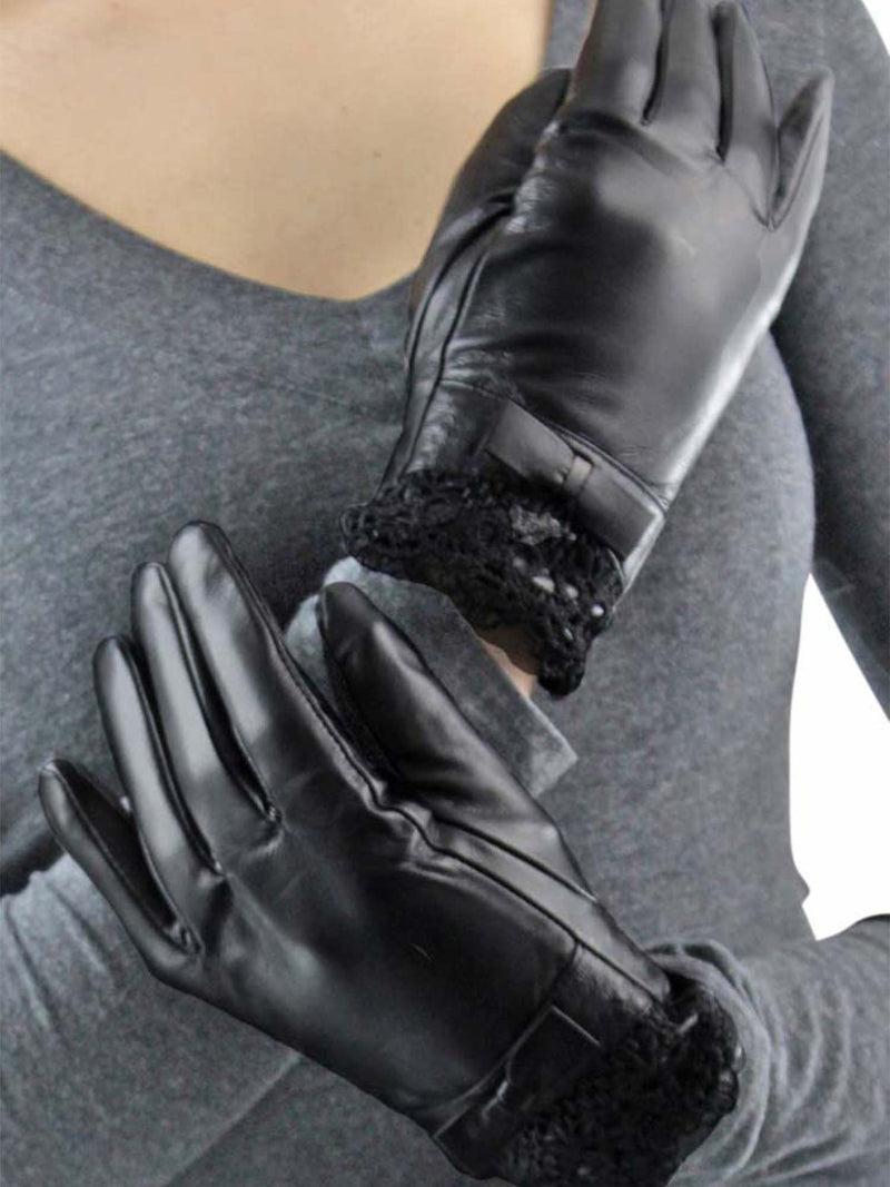 Faux Leather Gloves With Lace Cuff