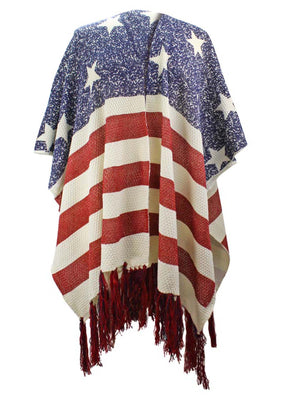 Americana Faded Flag Print Knit Shawl With Long Tassel Fringe