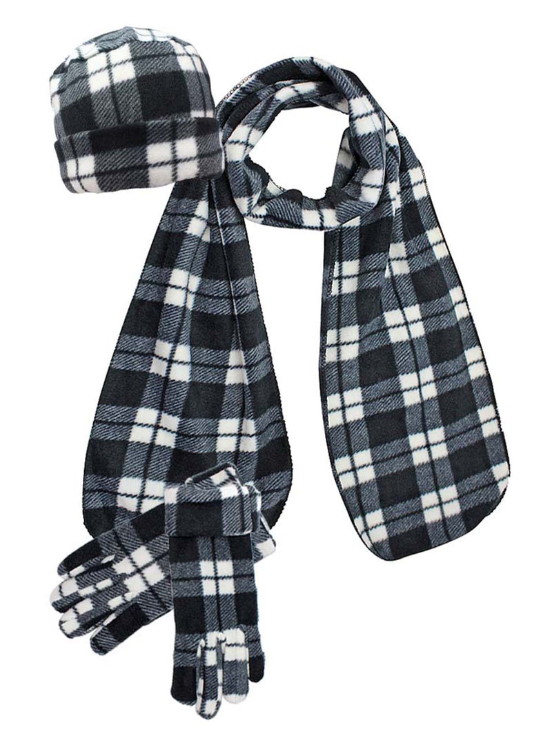 Black & White Plaid Fleece 3-Piece Hat Scarf & Gloves Matching Set