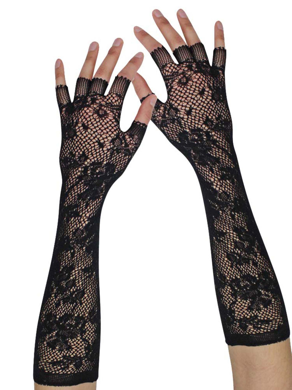 Black Vintage Lace Womens Long Fingerless Gloves