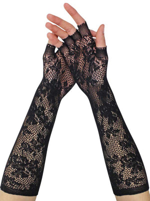 Black Vintage Lace Womens Long Fingerless Gloves