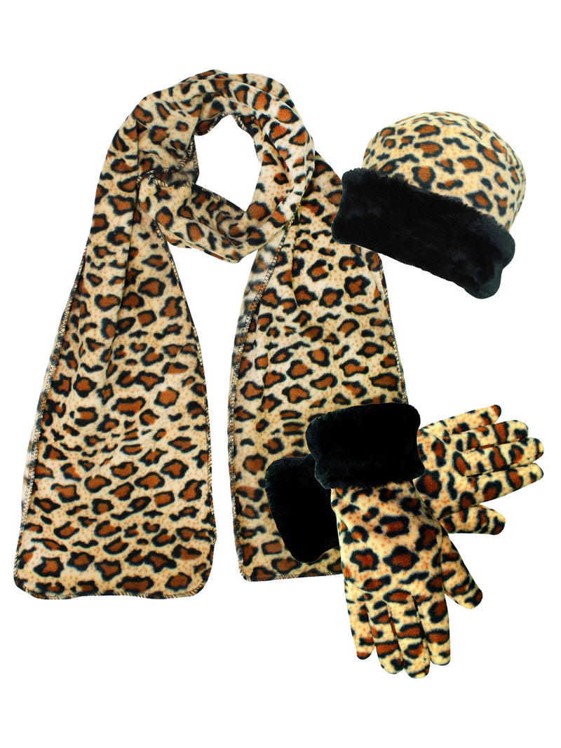 Leopard Print Fleece 3-Piece Hat Scarf & Gloves Matching Winter