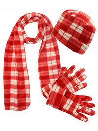 Red Plaid Fleece 3 Piece Hat Scarf & Glove Set