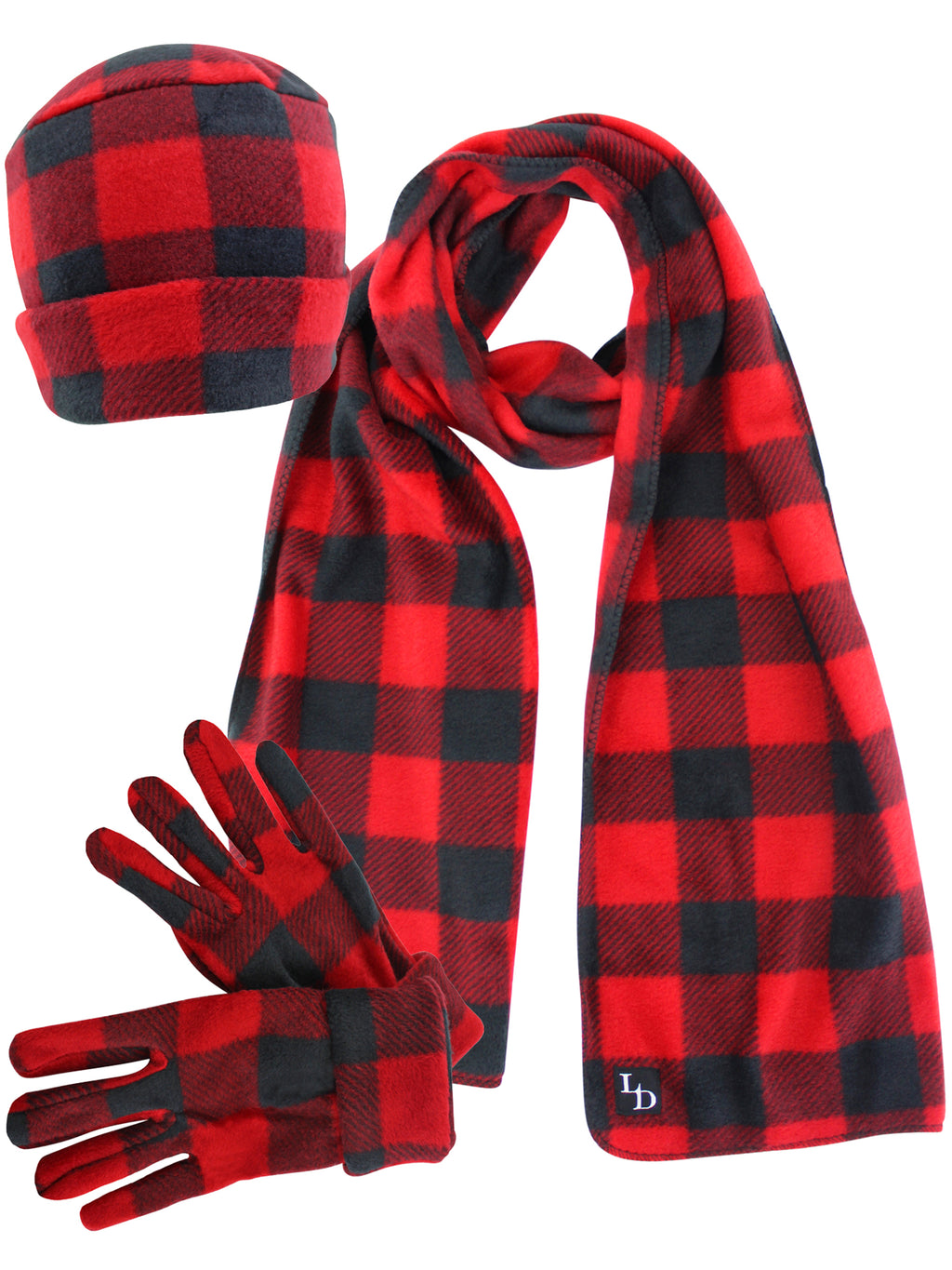 Red Plaid Fleece Scarf Glove & Hat Set