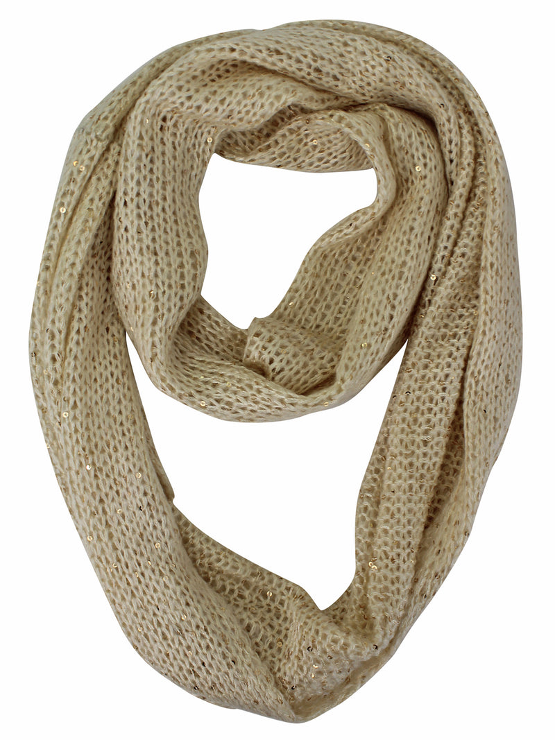 Beige Open Knit Sequin Specked Circle Scarf