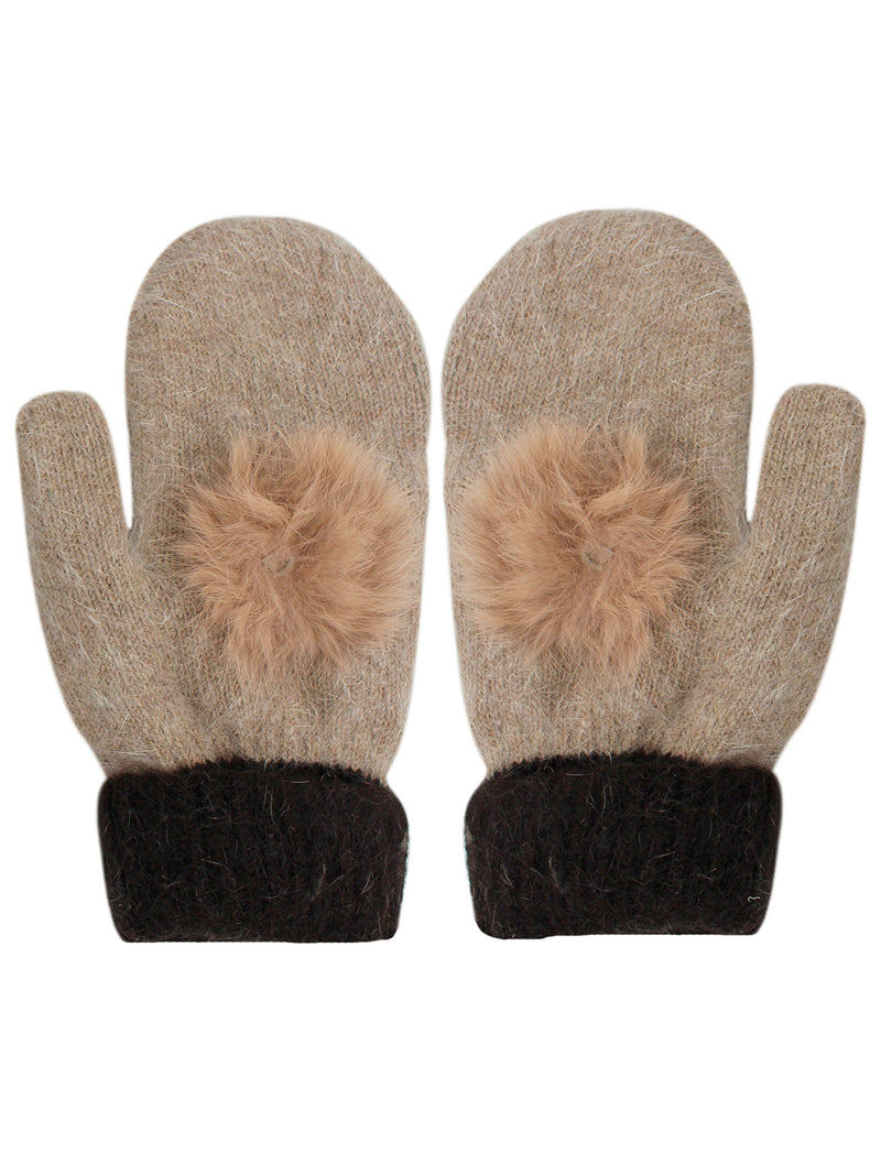 Beige And Brown Womens Mittens With Pom Pom