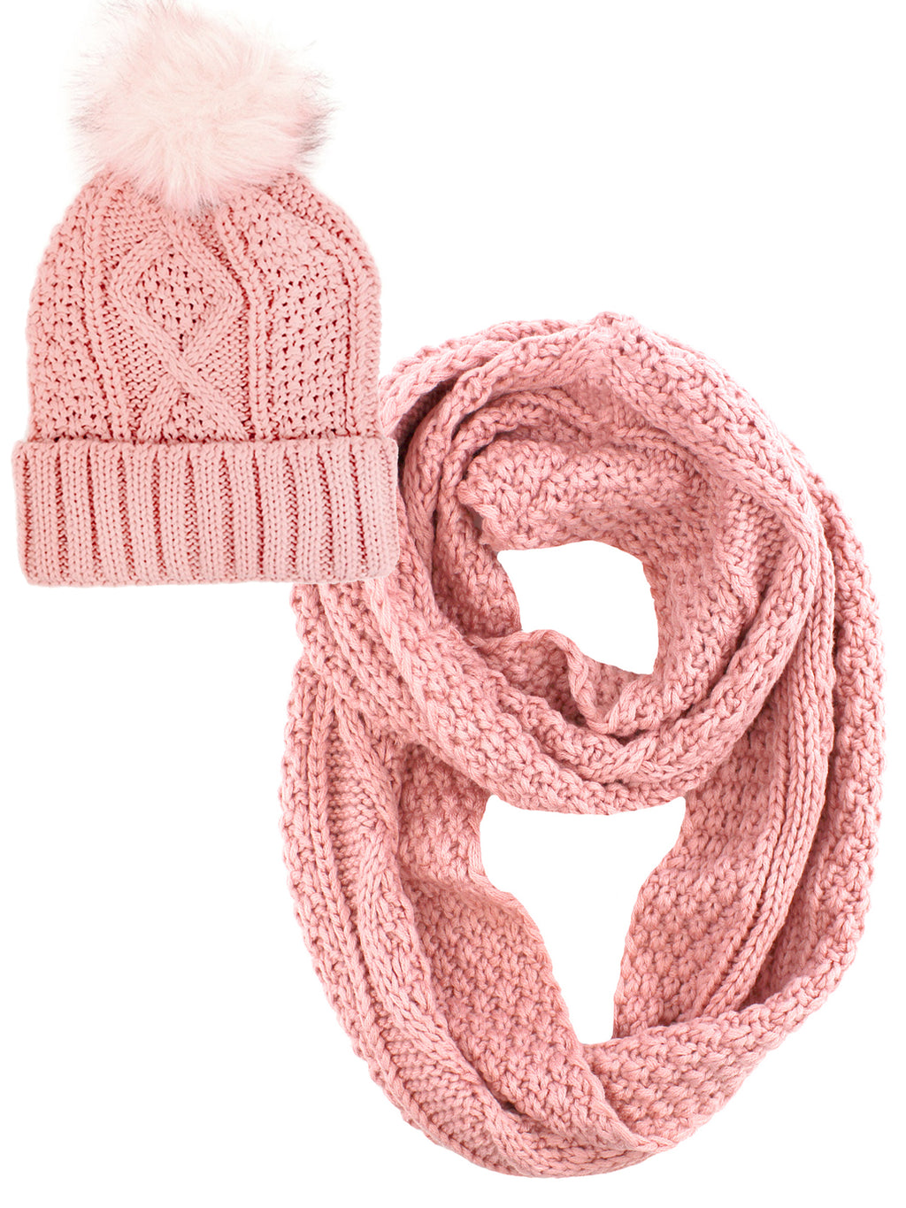 Knit Circle Scarf And Hat Set With Fur Pom Pom