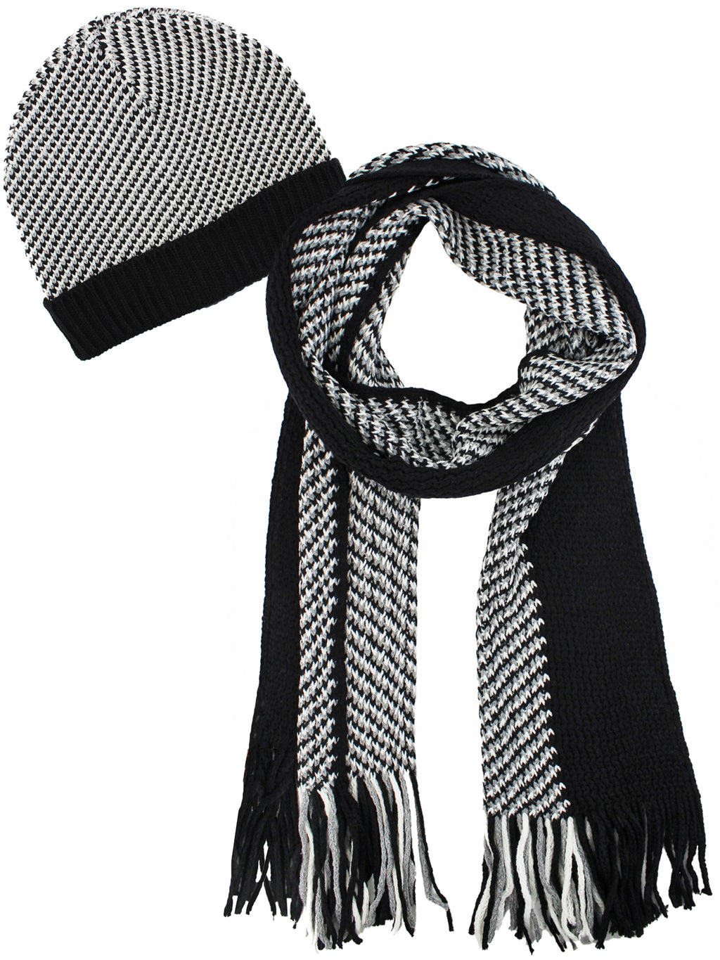 Black And White Hounds Tooth Hat And Scarf Set