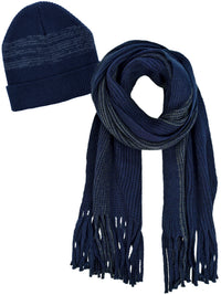 Navy Blue And Gray Knit Hat And Scarf Set