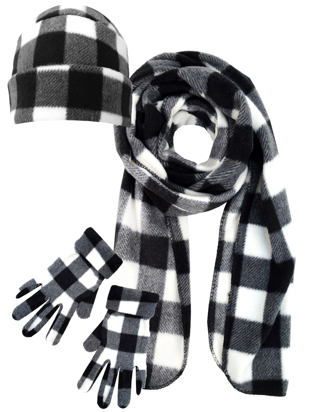 Black & White Plaid Fleece Scarf Glove & Hat Set